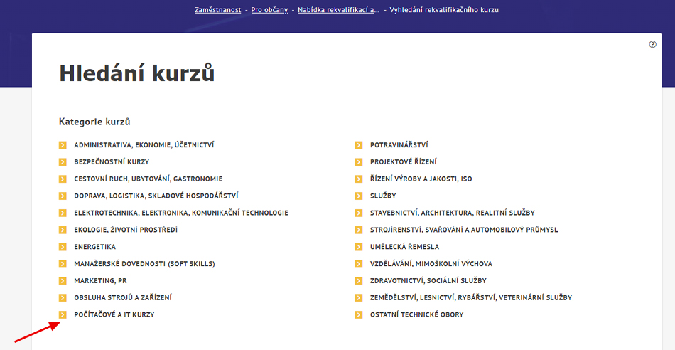 Volba příslušné oblasti vzdělávání v eshopu Úřadu práce
