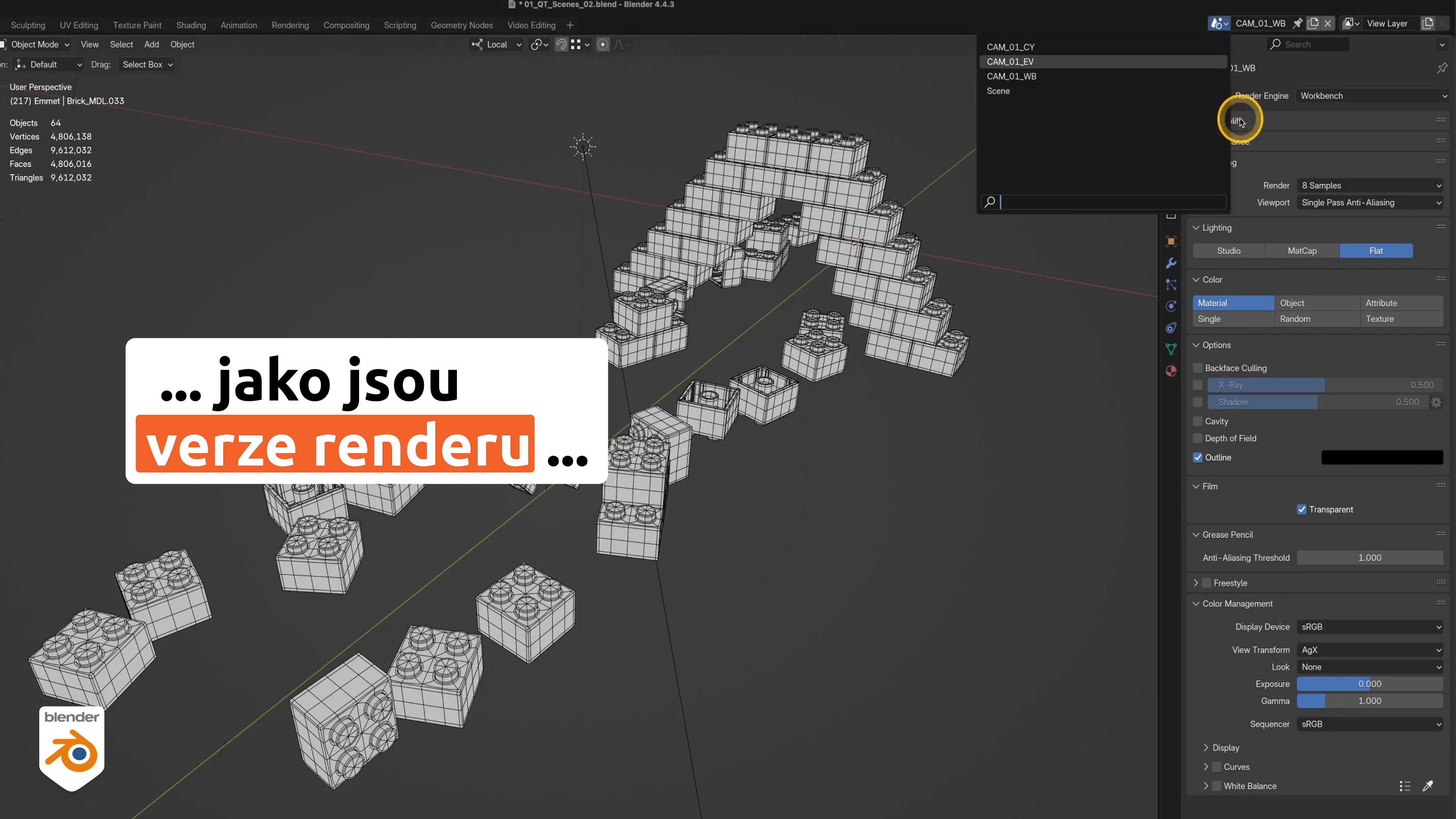 Vytvářená různých variant renderů ve správci scén v Blenderu
