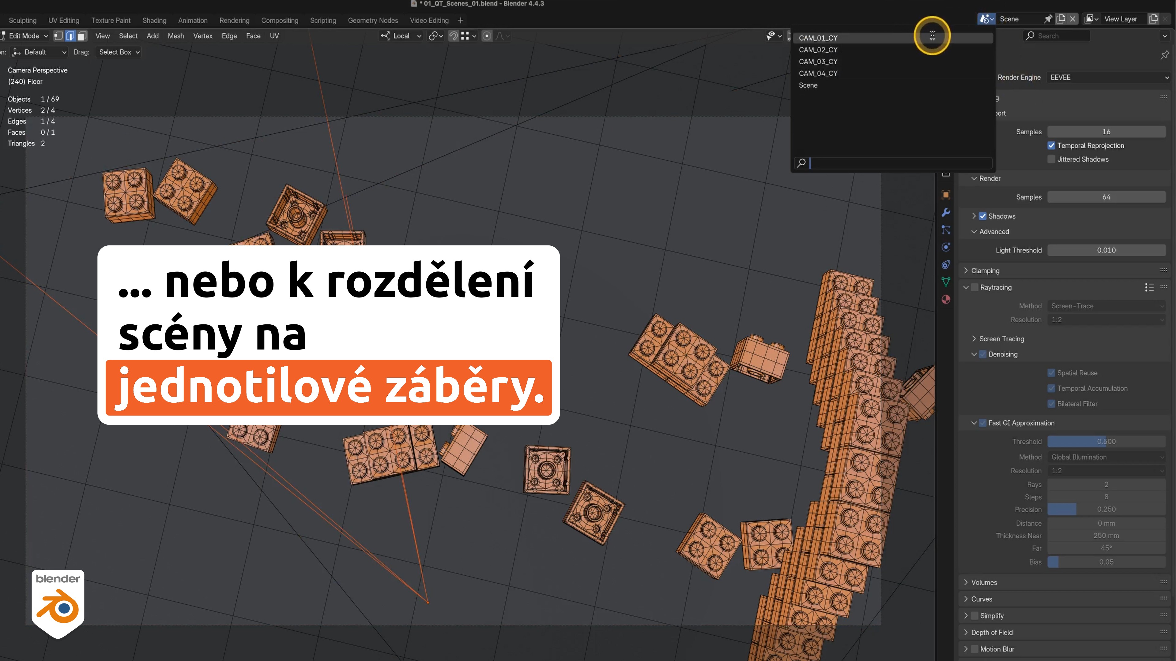 Rozdělení scén po jednotlivých snímcích v programu Blender