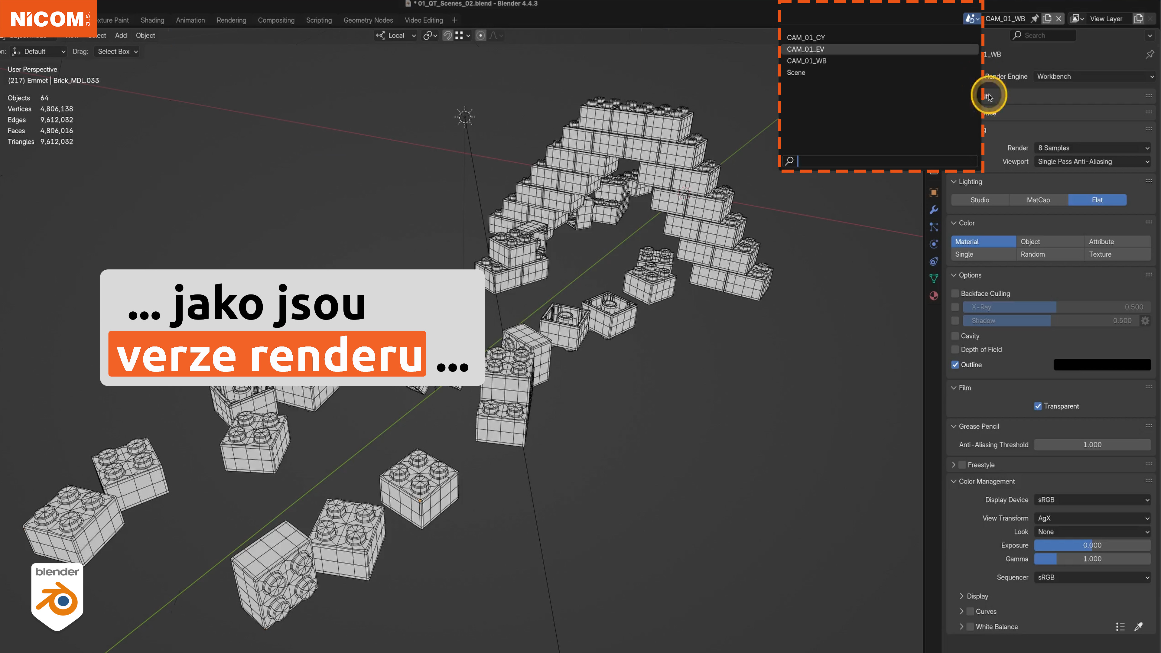 Vytvářená různých variant renderů ve správci scén v Blenderu