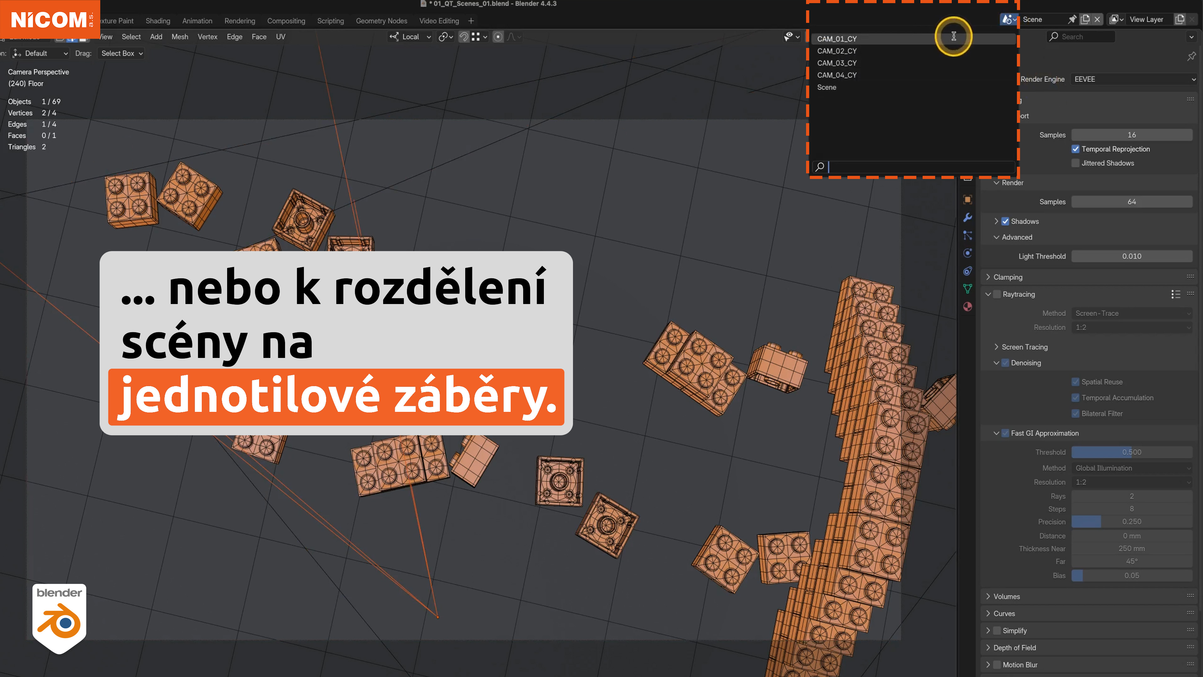 Rozdělení scén po jednotlivých snímcích v programu Blender