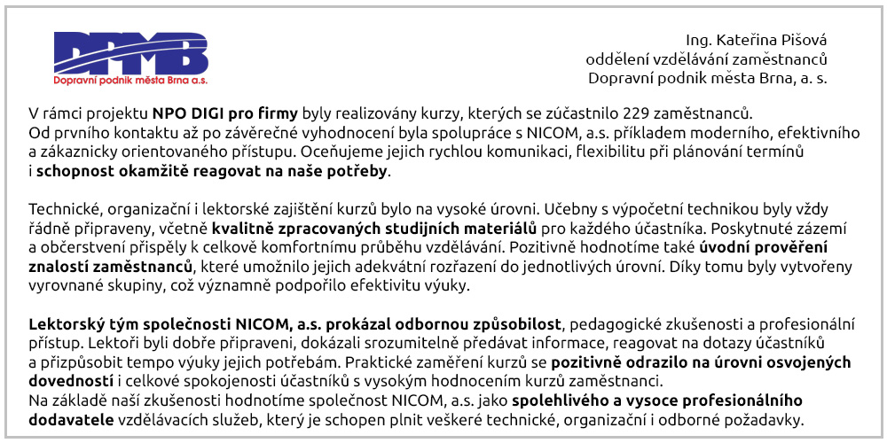 Reference společnosti DPMB na školení pořádané firmou NICOM