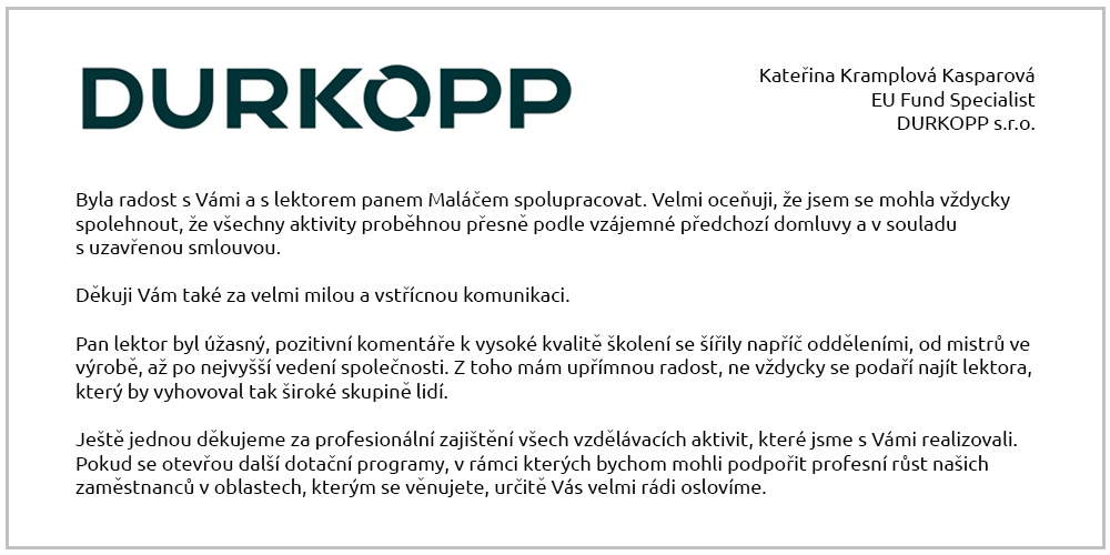 Reference společnosti Durkopp na školení pořádané firmou NICOM