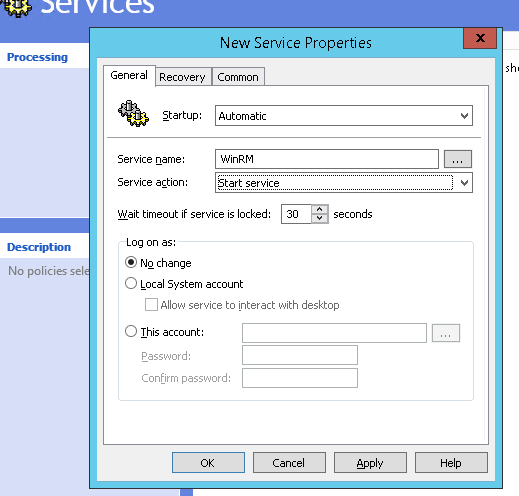 Ve větvi Computer Configuration >  Preferences > Control Panel Settings > Services nastavme službu podle obrázků níže…
