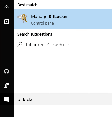 Do vyhledávacího pole po kliknutí na nabídku start napíše Bitlocker a následně klikne na možnost spravovat Bitlocker: