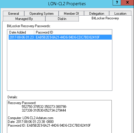 Obnovovací klíč (Recovery key) k příslušnému PC najdeme přímo v konzoli ACTIVE Directory Users and Computers ve vlastnostech objektu počítače: