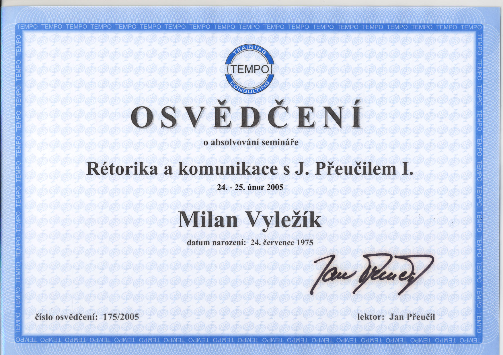 Milan Vyležík - Certifikace