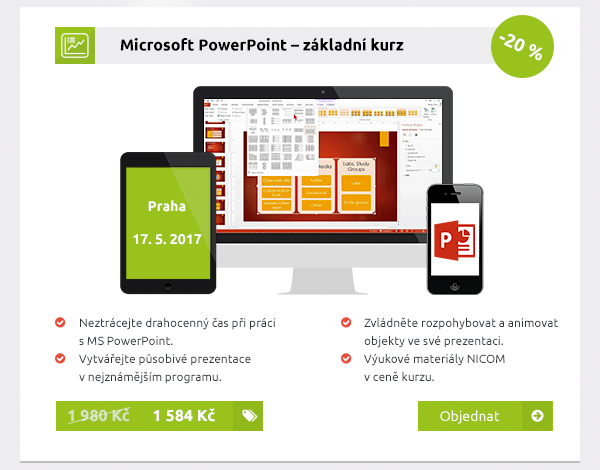 Microsoft PowerPoint – základní kurz, Neztrácejte drahocenný čas při práci s MS PowerPoint. Vytvářejte působivé prezentace v nejznámějším programu. Zvládněte rozpohybovat a animovat objekty ve své prezentaci. Výukové materiály NICOM v ceně kurzu. 1 584 Kč / -20 %