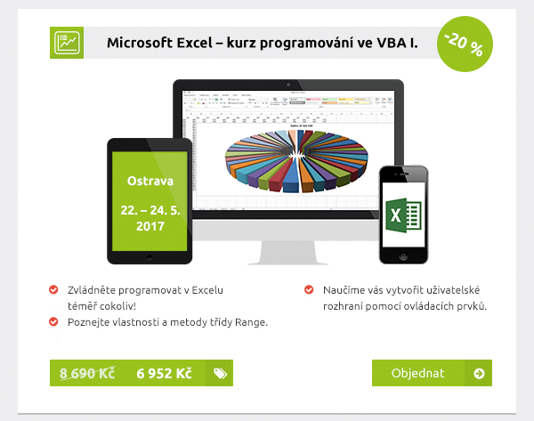 Microsoft Excel – kurz programování ve VBA I., Ostrava, 22. – 24. 5. 2017, Zvládněte programovat v Excelu téměř cokoliv! Poznejte vlastnosti a metody třídy Range. Naučíme vás vytvořit uživatelské rozhraní pomocí ovládacích prvků. 6 952 Kč / -20 %