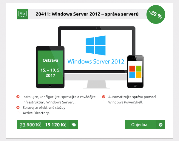 20411: Windows Server 2012 – správa serverů, Ostrava, 15. – 19. 5. 2017, Instalujte, konfigurujte, spravujte a zavádějte infrastrukturu Windows Serveru. Spravujte efektivně služby Active Directory. Automatizujte správu pomocí Windows PowerShell. 19 210 Kč / -20 %