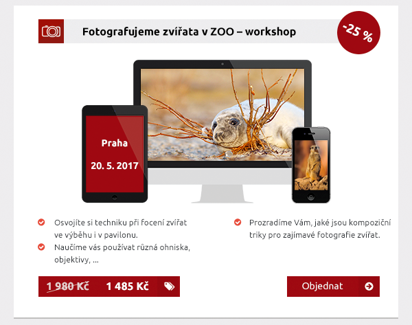 Fotografujeme zvířata v ZOO – workshop, Praha, 20. 5. 2017, Osvojíte si techniku při focení zvířat ve výběhu i v pavilonu. Naučíme vás používat různá ohniska, objektivy, ... Prozradíme Vám, jaké jsou kompoziční triky pro zajímavé fotografie zvířat. 1 485 Kč / -25 %